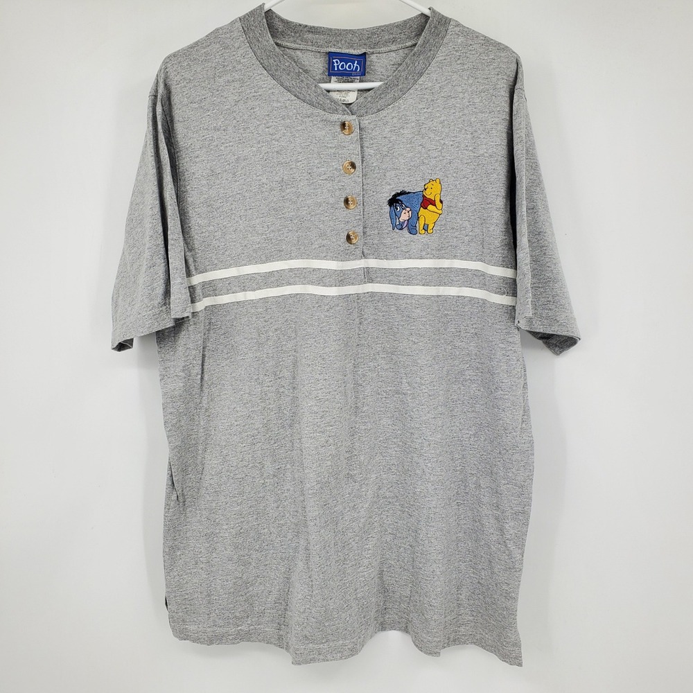 Vintage Winnie the Pooh Y2K Henley Shirt Embroidered Disney Gray XL‎ Made USA